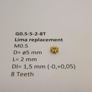 Ritzel Messing  M0.5 D=ø5 L=2 DI=1.5 mm 8 Zahne (Lima)